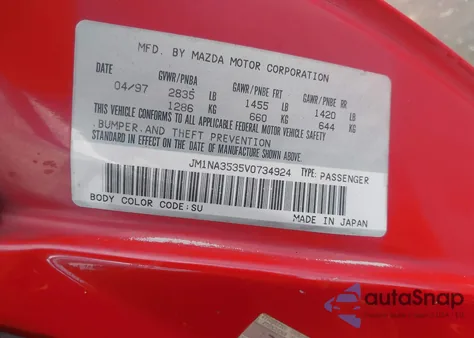 1997 Mazda Mx-5 Miata Leather Pkg/M Edition/Popular Equipment Pkg/R Pkg./Sto/Touring Pkg z USA, uszkodzony, nr VIN JM1NA3535V0734924